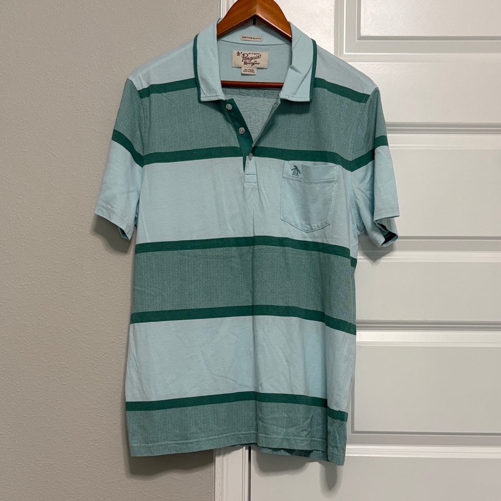 Original Penguin Light Blue & Teal Striped Pocket Polo